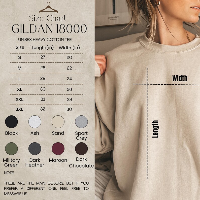 May include: A size chart for a Gildan 18000 unisex heavy cotton tee. The chart shows sizes S to 3XL with length and width measurements in inches. Color options include black, ash, sand, sport grey, military green, dark heather, maroon, and dark chocolate.