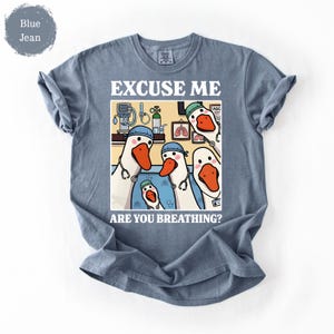 May include: Blue jean colored t-shirt with a humorous graphic. The graphic features cartoon geese dressed as medical professionals, with the text "EXCUSE ME ARE YOU BREATHING?"