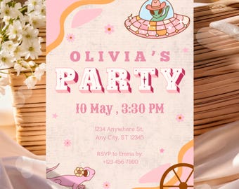 Space cowgirl birthday invitation digital download, Pink retro disco party invite template Canva, Vintage groovy pink birthday invitation