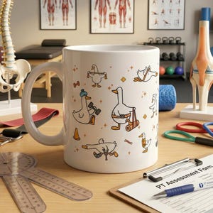 May include: A white ceramic mug featuring a repeating pattern of cartoon ducks engaged in physical therapy activities, including lifting dumbbells, using crutches, and carrying exercise mats, accented with small orange star and plus symbols.
