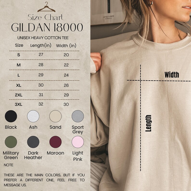 May include: A size chart for a Gildan 18000 unisex heavy cotton tee. The chart lists sizes S to 3XL with length and width measurements in inches. Color options include black, ash, sand, sport grey, military green, dark heather, maroon, and light pink.