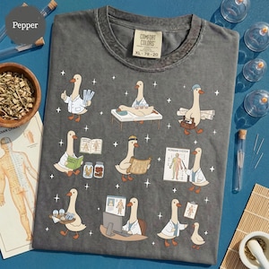 May include: Pepper-colored Comfort Colors t-shirt featuring cartoon geese in various medical roles. The geese are depicted with stethoscopes, charts, and acupuncture needles. The shirt has a crew neck and a tag that reads XL 76-20.