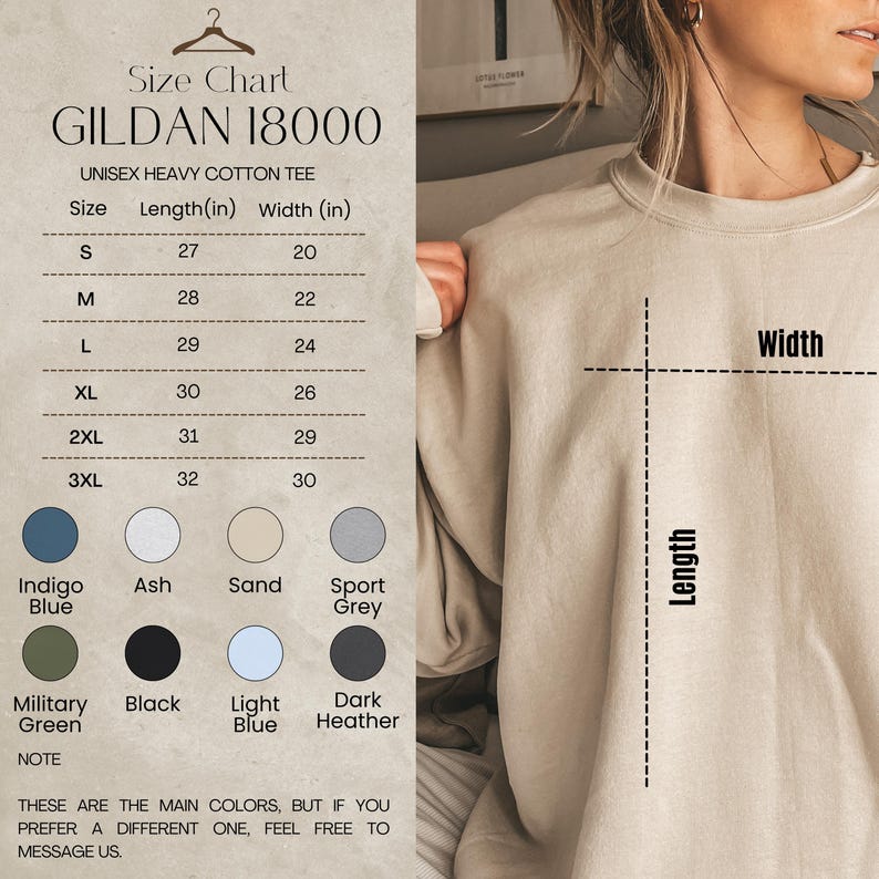 May include: A size chart for a Gildan 18000 unisex heavy cotton tee. The chart shows sizes S to 3XL with length and width measurements in inches. Color options include Indigo Blue, Ash, Sand, Sport Grey, Military Green, Black, Light Blue, and Dark Heather.
