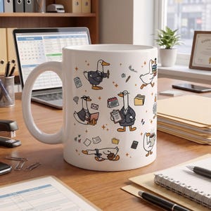 May include: A white ceramic mug featuring a repeating pattern of cartoon ducks dressed in business attire. The ducks are depicted performing various office tasks, including holding a clipboard labeled TO DO, using a laptop, and carrying files.
