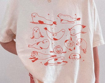 Cute Seal Shirt – Hand-Drawn Ocean Friends Tee, Vintage Coastal Graphic, Funny Beach Vibe Top for Marine Lovers