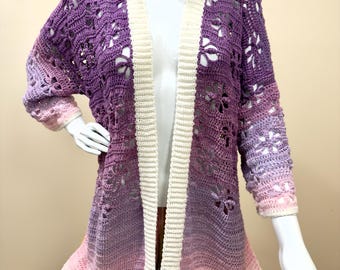 Cardigan all'uncinetto con motivo floreale viola/rosa/bianco