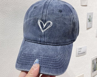 Washed Vintage Heart Embroidable Dad Hat - Distressed Cotton Hat for Women, Casual Retro Style Cap, Unique Gift Idea - FREE Delivery