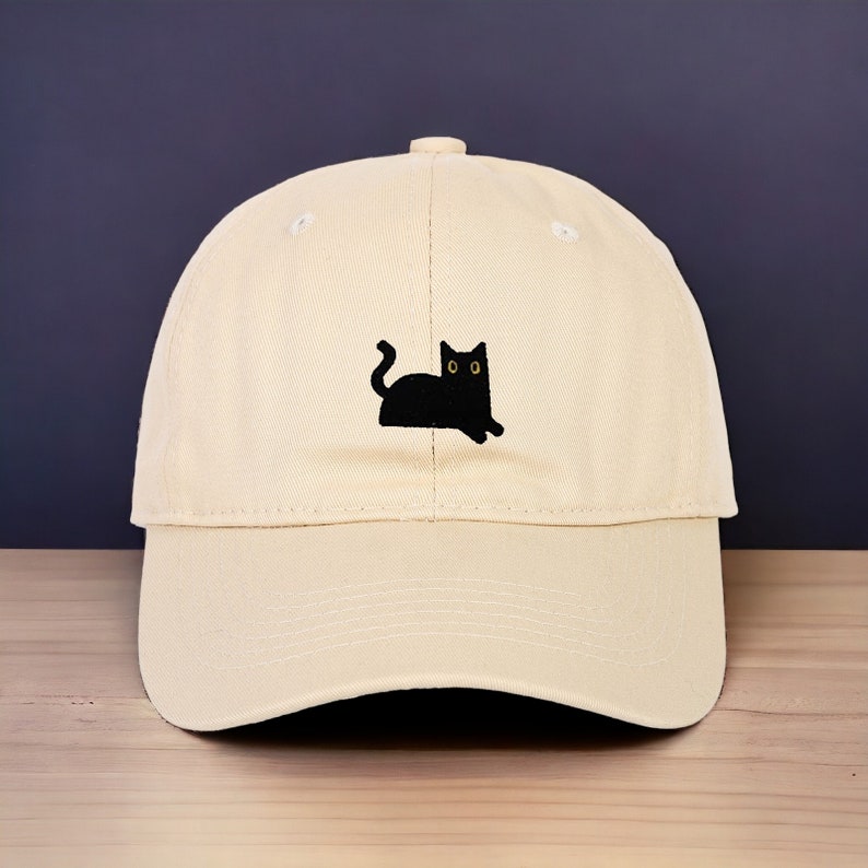 Black Cat Dad Hat Embroidered Baseball Cap Adjustable Cotton Twill Perfect for Cat Moms & Dads, Unique Pet Lover Gift Cream