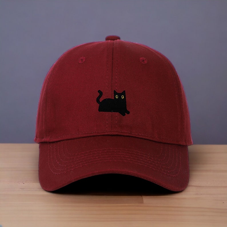 Black Cat Dad Hat Embroidered Baseball Cap Adjustable Cotton Twill Perfect for Cat Moms & Dads, Unique Pet Lover Gift Burgundy