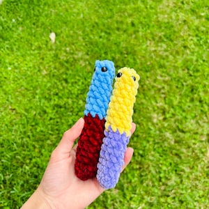 May include: Two crocheted worm toys. One is blue, red, and yellow. The other is yellow, purple, and blue.