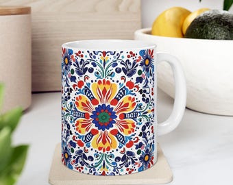 Colorful Talavera Ceramic Mug, Traditional Mexican Tea Cup, White Blue Kitchen Decor