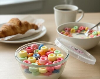 May include: A breakfast scene featuring a clear glass bowl filled with colorful, ring-shaped candles, resembling cereal. A bowl of cereal, a croissant, and a cup of coffee are also on the wooden table. The candles are in various pastel colors.