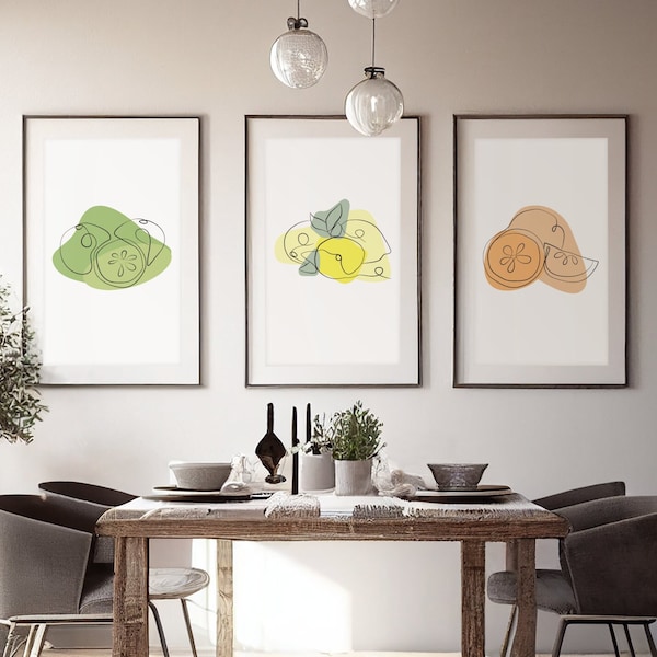 Bundle of 3 Fruit Abstract Line Art Prints, Minimalist Wall Decor, Modern Art Poster, Digital Download, Food Motif