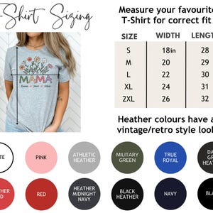 May include: A grey heather t-shirt with the word "MAMA" in colourful letters and flowers. The shirt has a size chart with measurements in inches for small, medium, large, extra large, and extra extra large sizes. The chart also shows the width and length of each size. The shirt is available in a variety of colours, including white, pink, athletic heather, military green, true royal, dark grey heather, heather red, red, heather midnight navy, black heather, navy, and black.