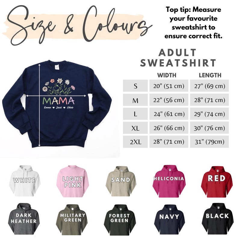 May include: A navy blue sweatshirt with the word "MAMA" and a floral design. The sweatshirt is available in sizes S-2XL and comes in a variety of colours, including white, light pink, sand, heliconia, red, dark heather, military green, forest green, navy, and black.