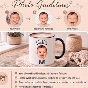 May include: A white ceramic mug with a black handle and rim, featuring a custom printed baby face and the text "LOUIE'S DAD". The image includes a three-step photo guideline graphic showing a baby's face being cropped and placed onto the mug.