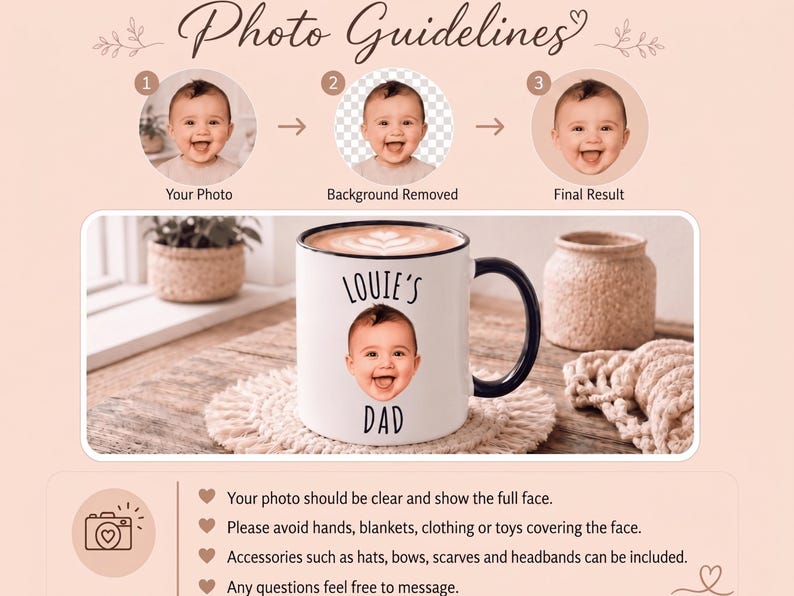 May include: A white ceramic mug with a black handle and rim, featuring a custom printed baby face and the text "LOUIE'S DAD". The image includes a three-step photo guideline graphic showing a baby's face being cropped and placed onto the mug.
