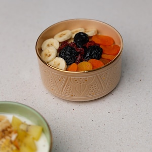 Ceramic Dessert Bowl 12k Gold Rim Engraved Pottery Ice cream Bowl Small Moroccan Decorative Serving Bowl Gift For Mom Snack Bowl