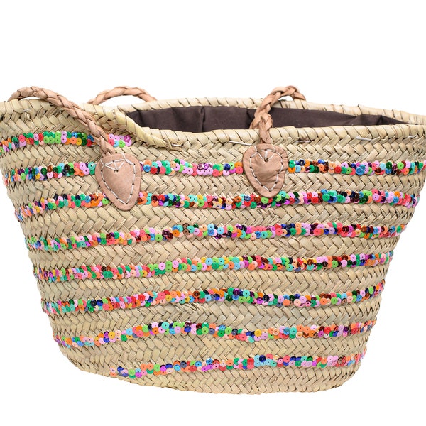 Handmade Moroccan Straw Tote Bag with Colorful Bead Embellishments