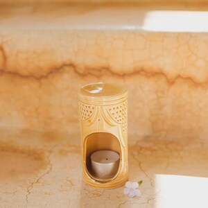 Handmade Moroccan ceramic aromatherapy censer with 12k gold accents, used as essential oil diffuser and candle warmer, decorative home décor burner gift for her.