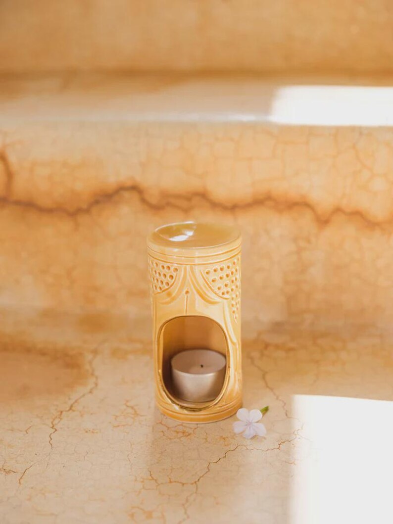 Handmade Moroccan ceramic aromatherapy censer with 12k gold accents, used as essential oil diffuser and candle warmer, decorative home décor burner gift for her.