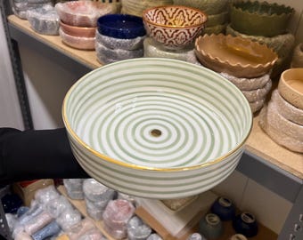 Green Striped Ceramic Bowl – Handmade Moroccan Dish with 12K Gold Rim – Decorative Serving Bowl – Unique Tableware Gift