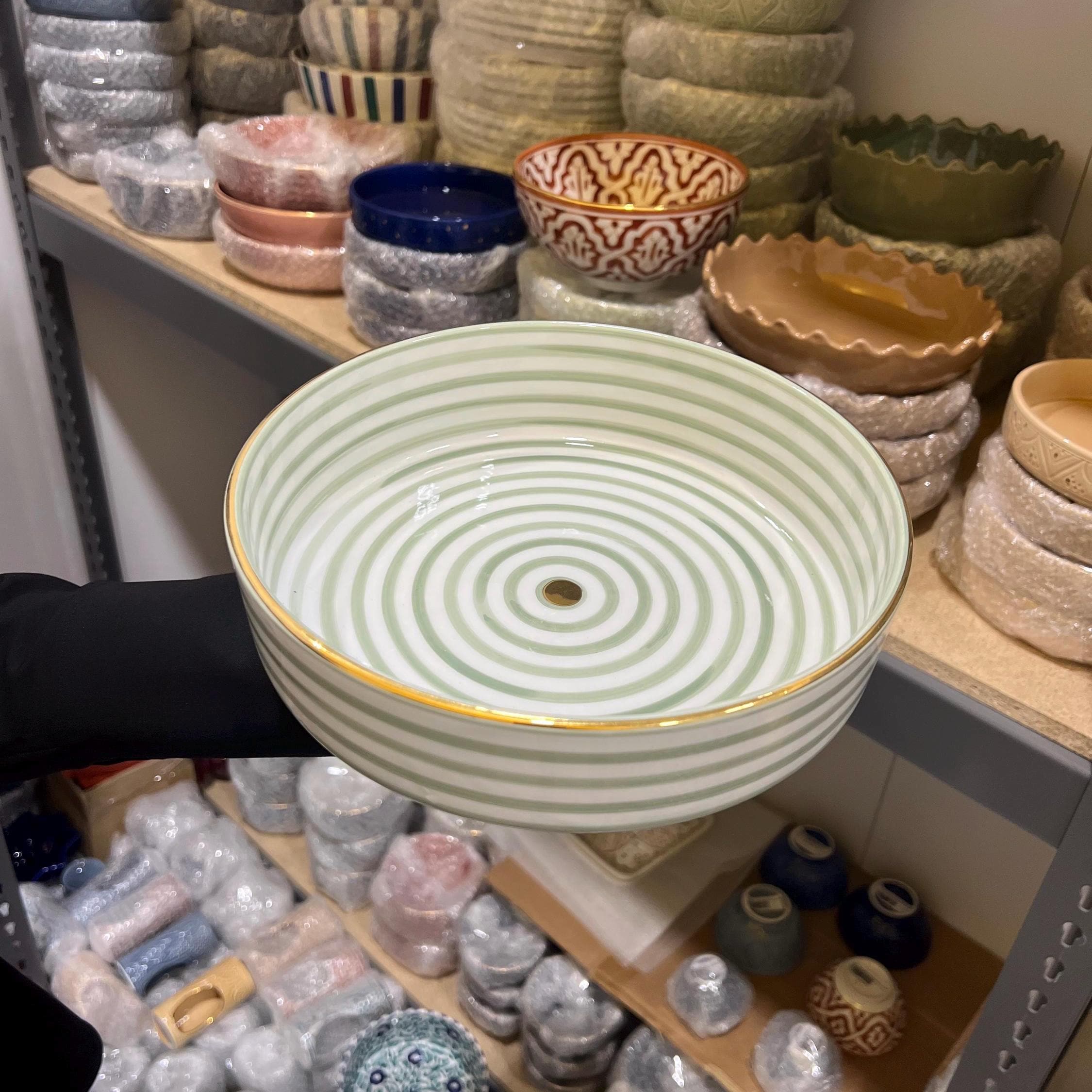 Green Striped Ceramic Bowl – Handmade Moroccan Dish with 12K Gold Rim – Decorative Serving Bowl – Unique Tableware Gift