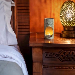 Handmade Moroccan ceramic aromatherapy censer with 12k gold accents, used as essential oil diffuser and candle warmer, decorative home décor burner gift for her.