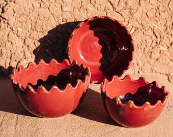 Wavy Rim Ceramic Bowl – Burgundy Decorative Bowl – Handmade Ceramic Dish – Unique Fruit, Snack, or Cereal Bowl – Food Safe Gift Idea