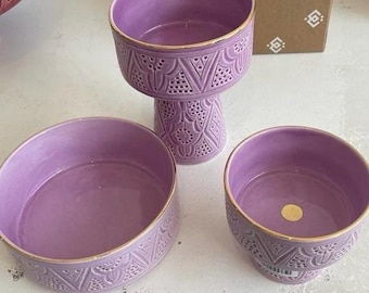 3-Piece Lilac Ceramic Bowl Set – Moroccan Serveware with Footed Dessert Bowl, Snack Bowl & Decorative Compote – Purple Tableware