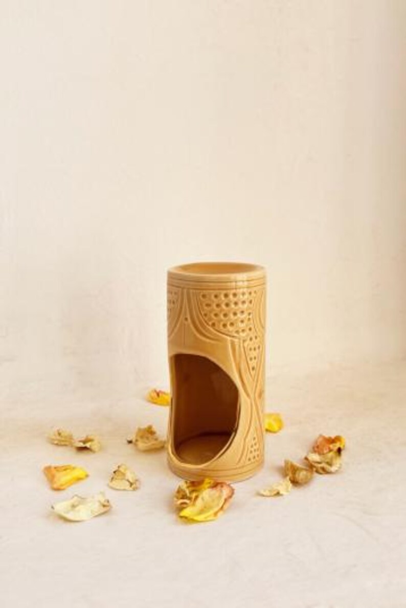 Handmade Moroccan ceramic aromatherapy censer with 12k gold accents, used as essential oil diffuser and candle warmer, decorative home décor burner gift for her.