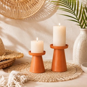 Handmade Tadelakt Pillar Candle Holders Moroccan Lime Plaster Duo Pedestal Candle Stands Modern Organic Table Decor - Housewarming Gift