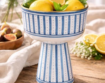 Ceramic Footed Serving Bowl with Gold Rim Pedestal Serving Bowl For Fruit & Salad Coffee Table Centerpiece Gift For Bride Housewarming  Gift