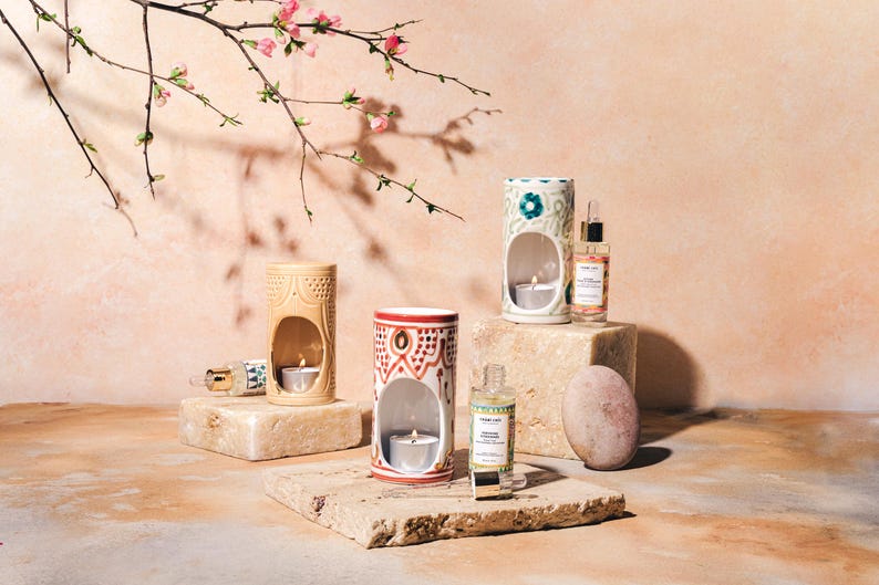 Handmade Moroccan ceramic aromatherapy censer with 12k gold accents, used as essential oil diffuser and candle warmer, decorative home décor burner gift for her.