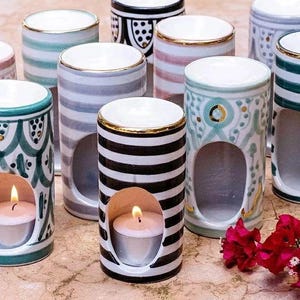 Handmade Moroccan ceramic aromatherapy censer with 12k gold accents, used as essential oil diffuser and candle warmer, decorative home décor burner gift for her.