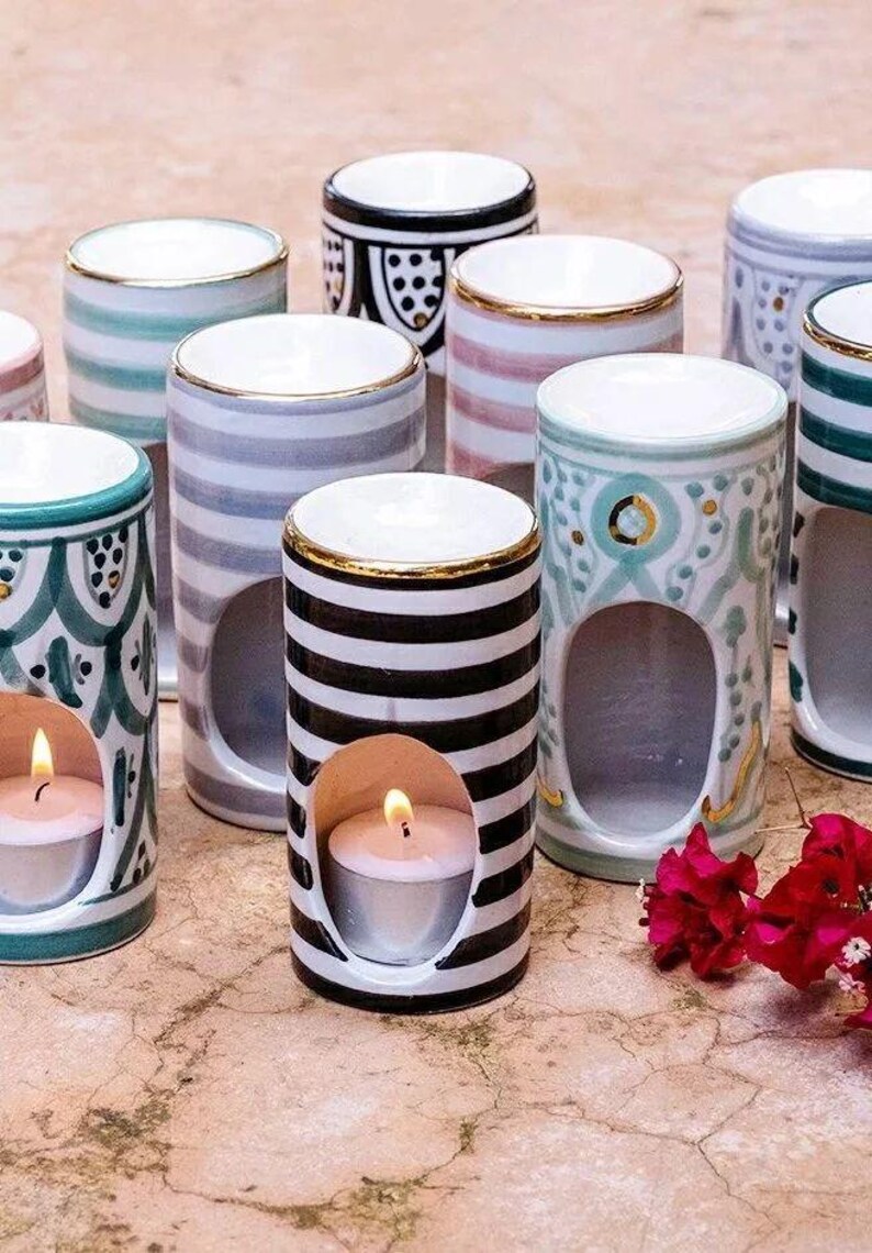 Handmade Moroccan ceramic aromatherapy censer with 12k gold accents, used as essential oil diffuser and candle warmer, decorative home décor burner gift for her.