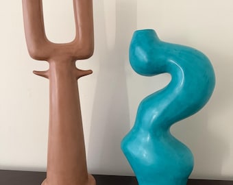 Turquoise Sculpture Vase Modern Ceramic Abstract Vase Teal Housewarming Gift Table Centerpiece Gift For mother birthday