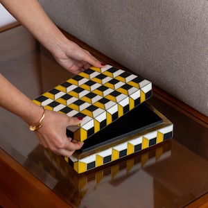 Moroccan Decorative Storage Box Bone & Brass Inlay Geometric  Jewelry Keepsake Coffee Table Decor Blue, Yellow and Green Checkered Boxes