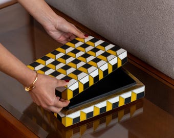 Moroccan Decorative Storage Box Bone & Brass Inlay Geometric  Jewelry Keepsake Coffee Table Decor Blue, Yellow and Green Checkered Boxes