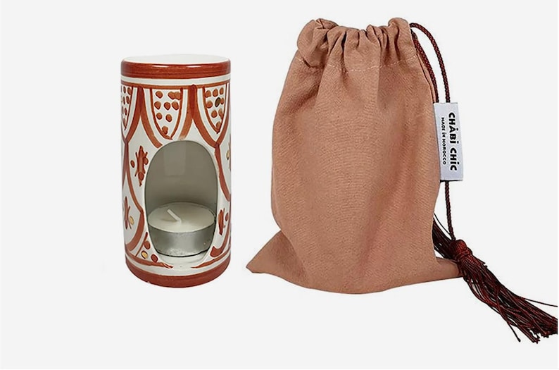 Handmade Moroccan ceramic aromatherapy censer with 12k gold accents, used as essential oil diffuser and candle warmer, decorative home décor burner gift for her.
