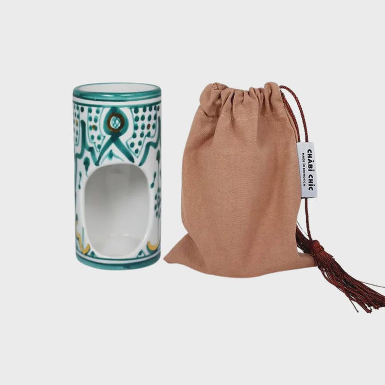 Handmade Moroccan ceramic aromatherapy censer with 12k gold accents, used as essential oil diffuser and candle warmer, decorative home décor burner gift for her.