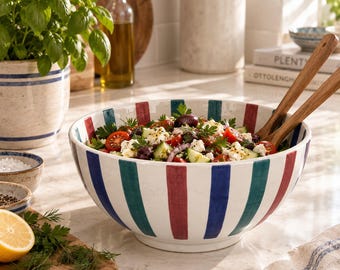 Hand-Painted Ceramic Stripe Bowl with 12K Gold Accent Boho Tableware Moroccan Salad Bowl, Colorful Fruit Bowl, Large Serving Bowl Handmade