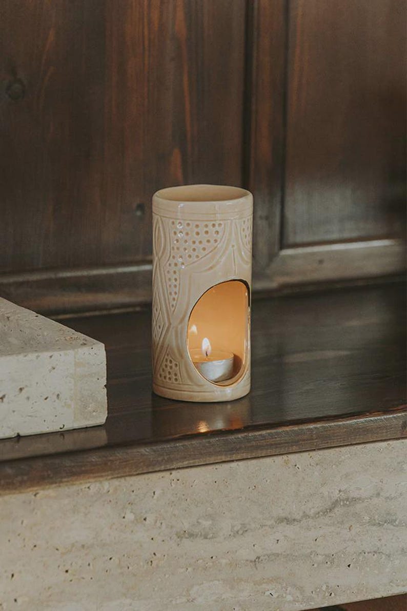 Handmade Moroccan ceramic aromatherapy censer with 12k gold accents, used as essential oil diffuser and candle warmer, decorative home décor burner gift for her.