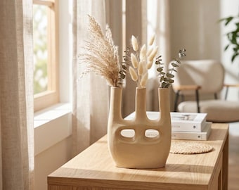 Asymmetrical Ceramic Vase Handmade Abstract Sculptural Vase For Dried Flowers Minimalist Neutral Beige Vase For Living Room Decor