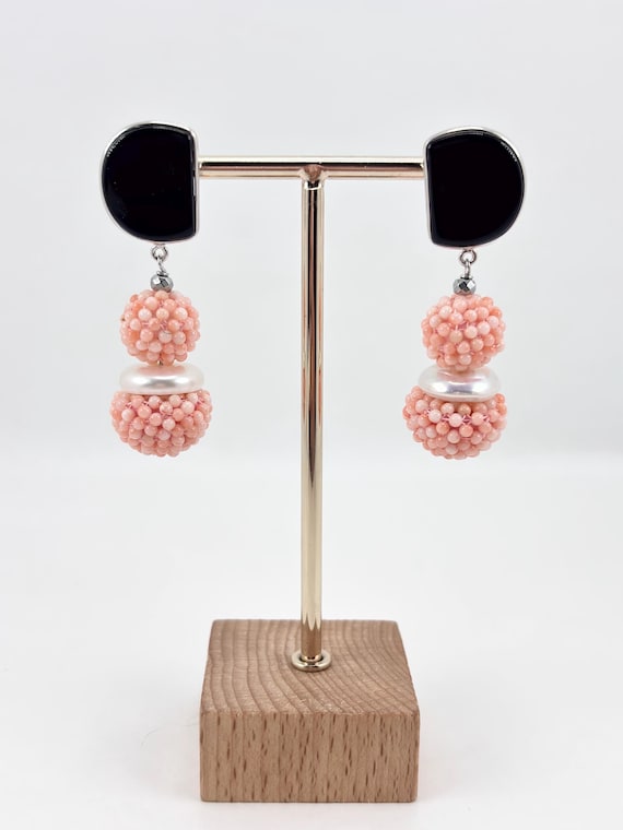 Earrings made of natural pink CORAL from the Pacific Ocean and natural black ONYX, set in 925 SILVER