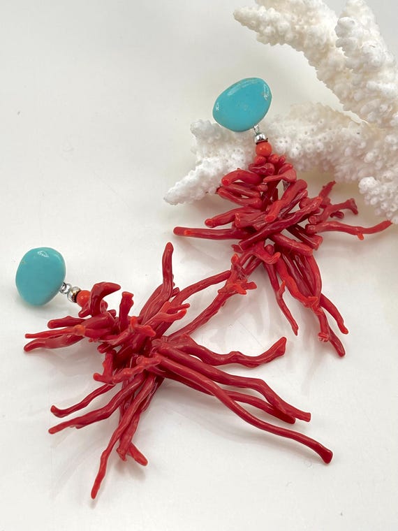 Earrings with red CORAL branches from the Mediterranean Sea and natural Turquoise shape, set in 925 SILVER