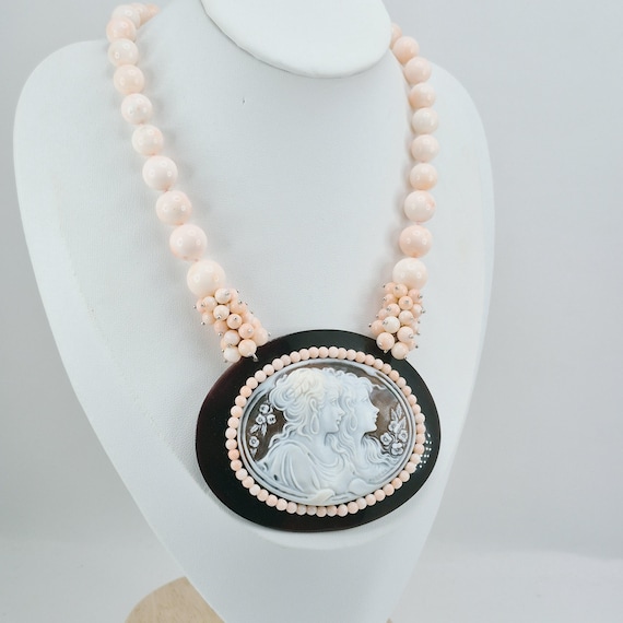 Pink coral and cameo necklace, 925 silver, Italian craftsmanship