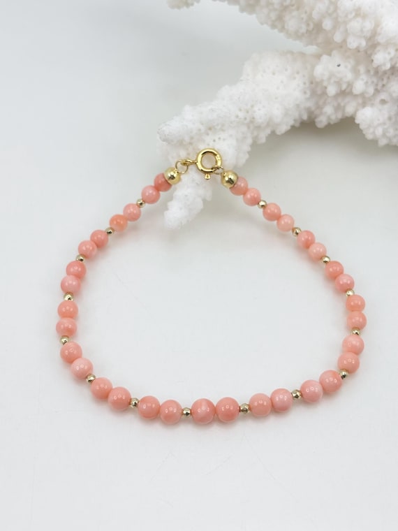 Bracelet in natural pink CORAL from the Pacific Ocean and golden hematite spheres with gold-plated 925 SILVER clasp