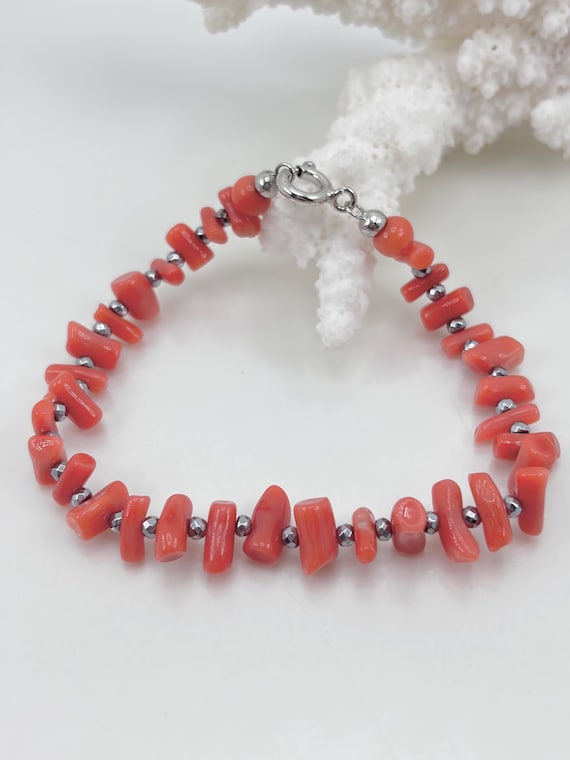 Bracelet in natural red CORAL from the Mediterranean Sea, alternating with gray hematite and 925 SILVER clasp