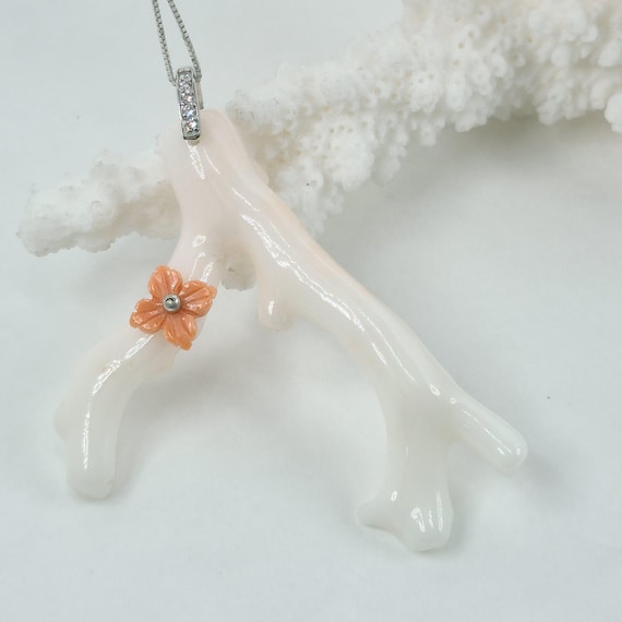 Pink coral branch, pendant necklace, 925 silver